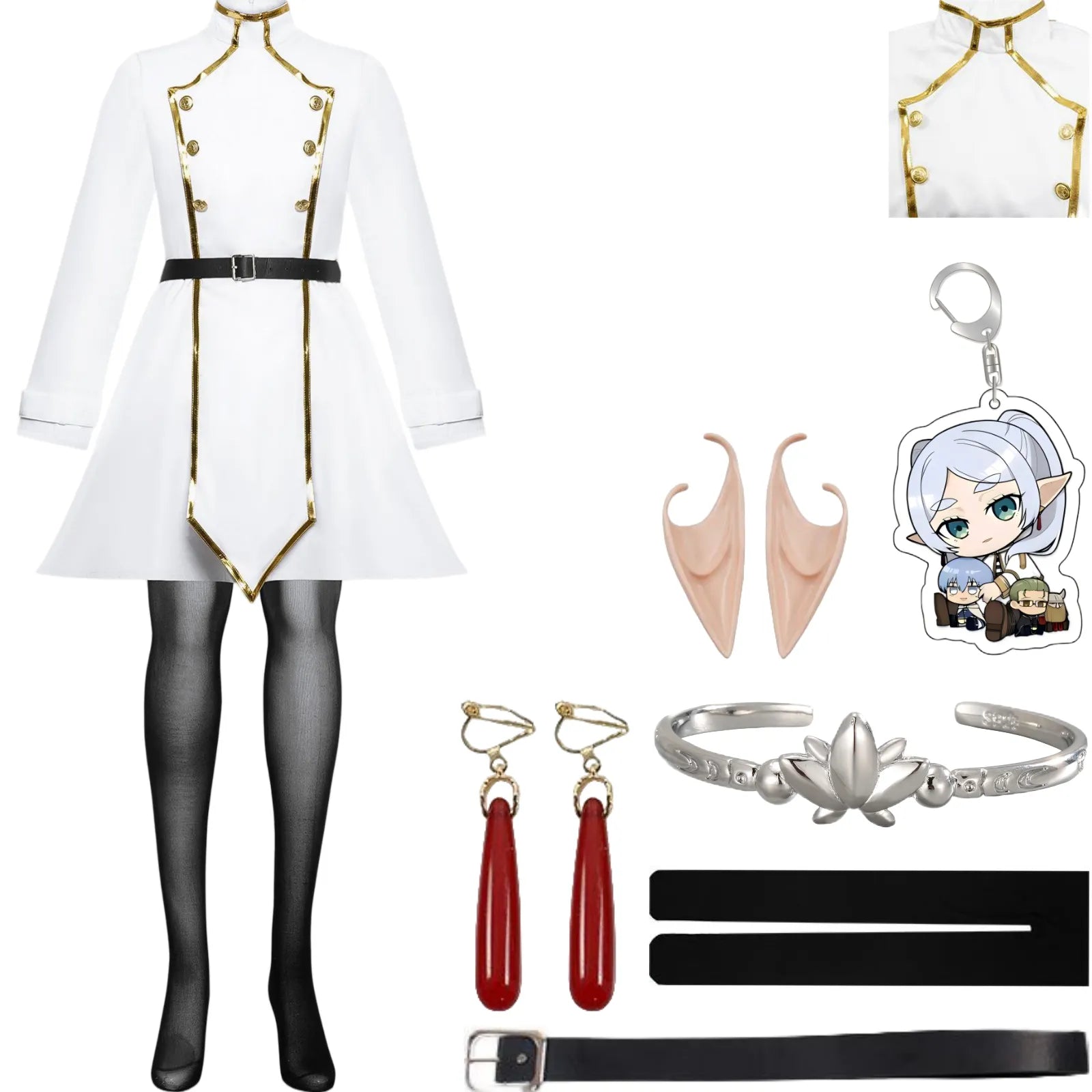 Frieren Beyond Journey's End Cosplay White Stand Collar Dress with Elf Ears Earrings Bracelet Belt Stockings Keychain