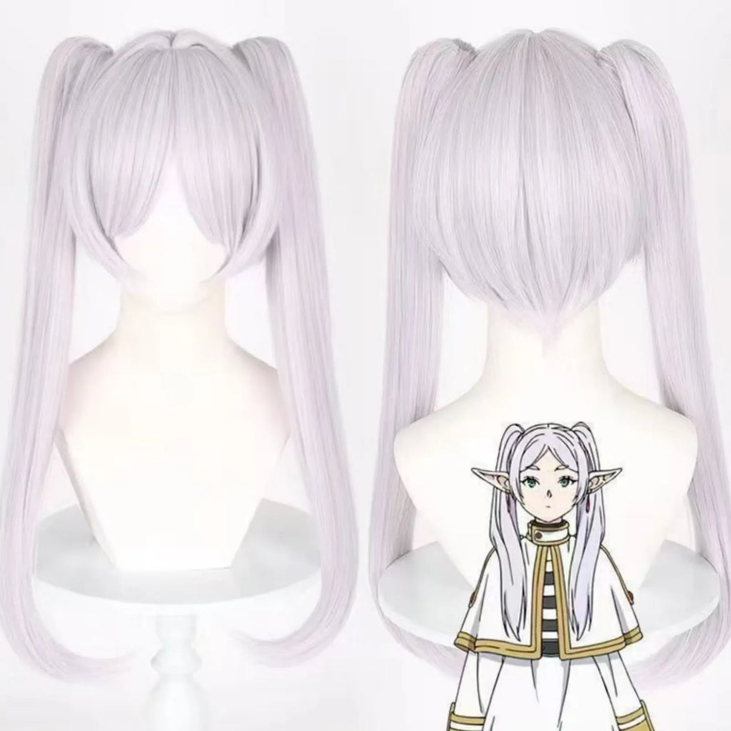 light silver long twin tails wig with bangs for frieren anime elf cosplay styling