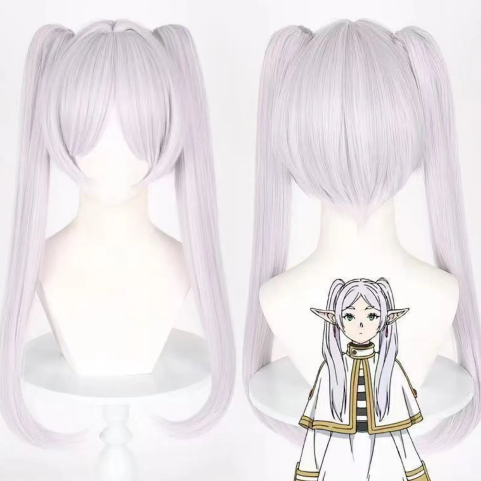 light silver long twin tails wig with bangs for frieren anime elf cosplay styling