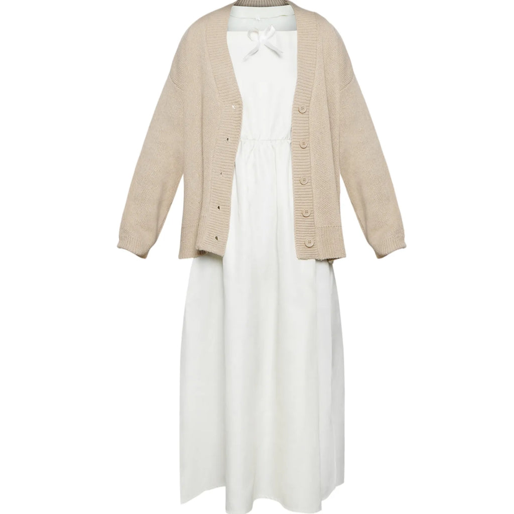 front view frieren casual cos loose knit cardigan high waist flowy white long dress