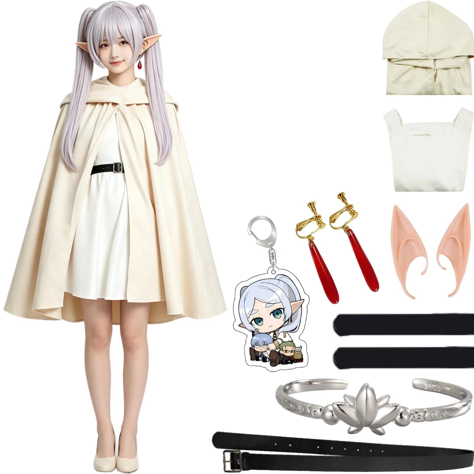 young asian female model wearing complete frieren cos costume, beige hooded cloak, white sleeveless dress, black waist belt, lavender twin tail wig, latex elf ears, red teardrop clip earrings, silver lotus bracelet, full body cosplay photo