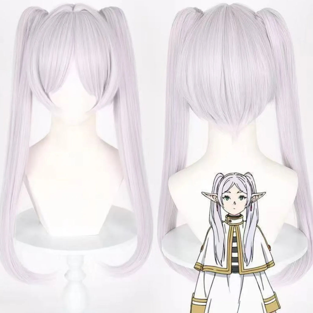 front and back view of lavender silver long twin tail wig for frieren cosplay, neat bangs, smooth straight synthetic hair, anime frieren hairstyle replica