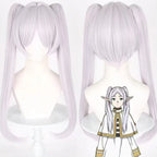 front and back view of lavender silver long twin tail wig for frieren cosplay, neat bangs, smooth straight synthetic hair, anime frieren hairstyle replica