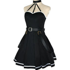 front side shot of ubel cosplay black halter dress with white trim, metal buckle belt and side hanging ribbons