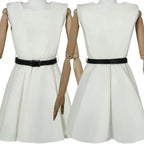 front and back mannequin display of white square neck sleeveless dress for frieren cos, high waist flare skirt, matching black leather waist belt