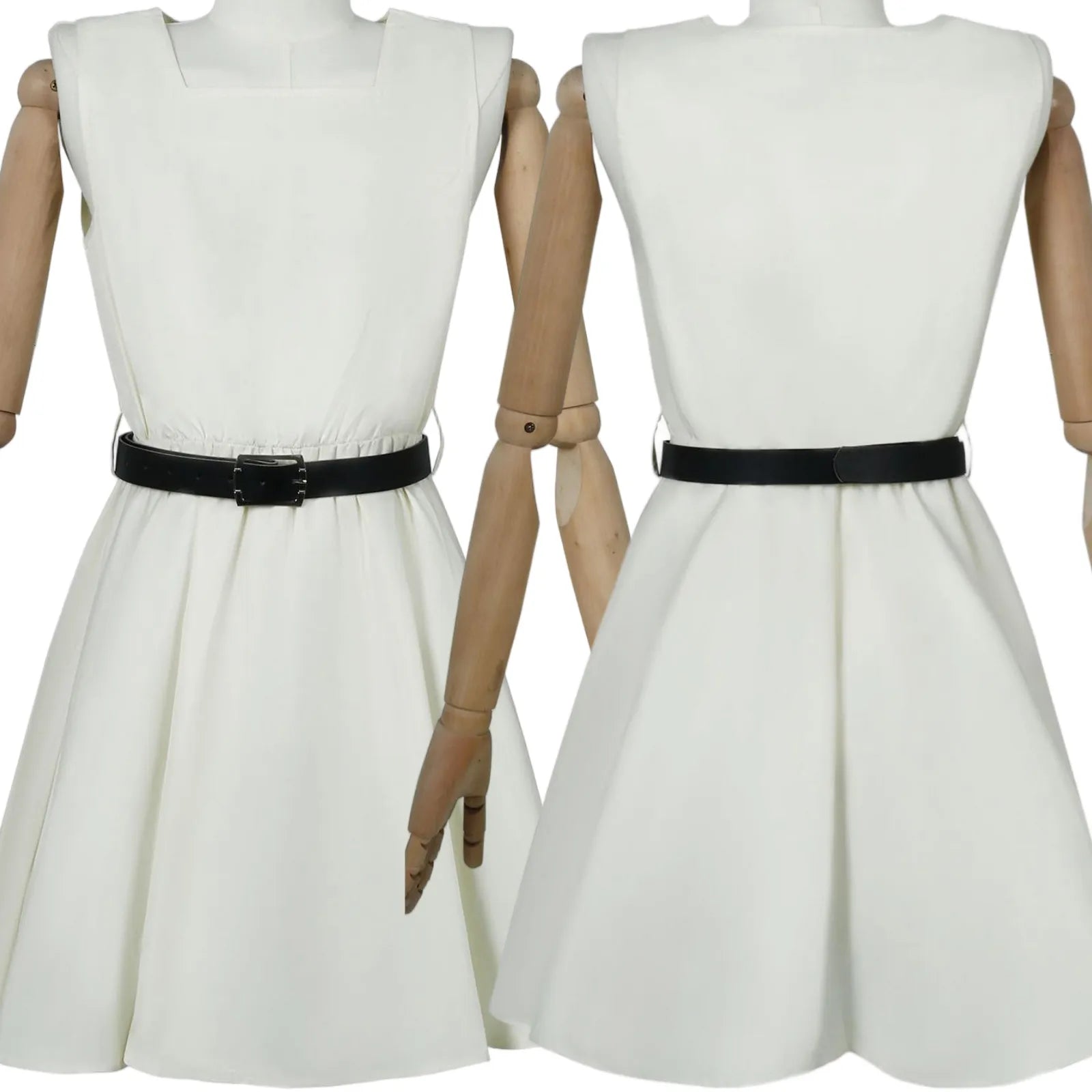 front and back mannequin display of white square neck sleeveless dress for frieren cos, high waist flare skirt, matching black leather waist belt