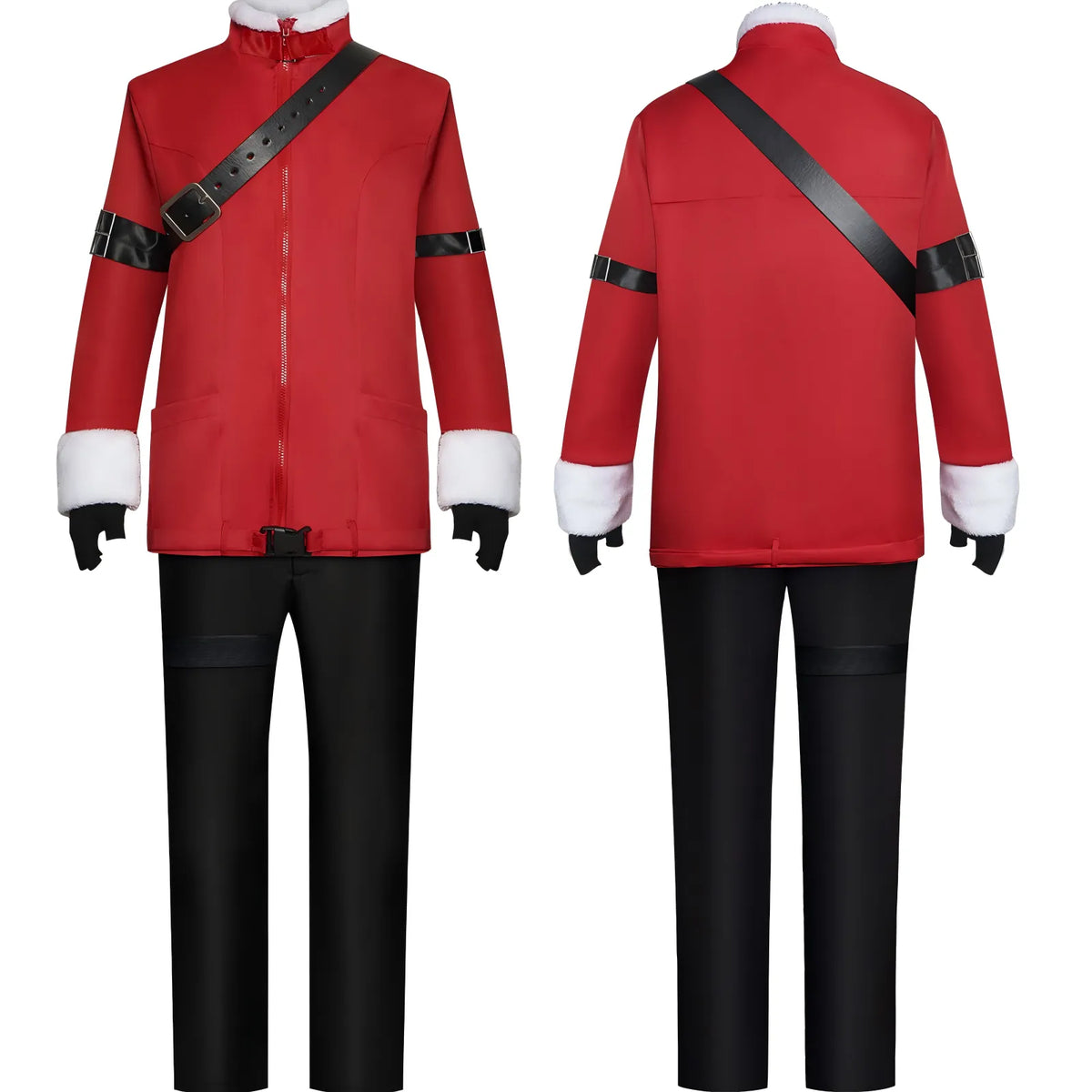 front back two sides stark frieren cosplay red winter jacket black pants with harness straps