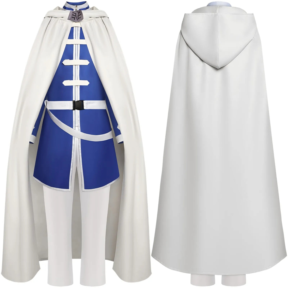 front and back shot himmel frieren cosplay blue top white trousers hooded cape full suit