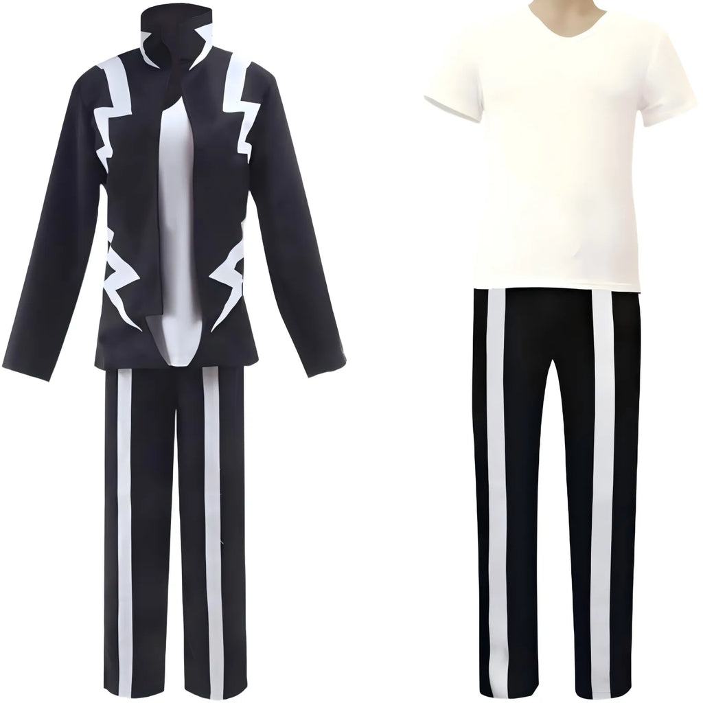 front full view denki kaminari mha cosplay jacket inner top striped trousers costume