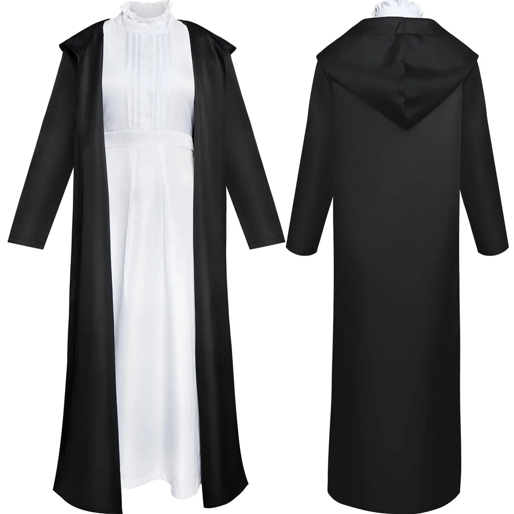 front and back view fern frieren cosplay white long dress black hooded long coat