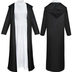 front and back view fern frieren cosplay white long dress black hooded long coat