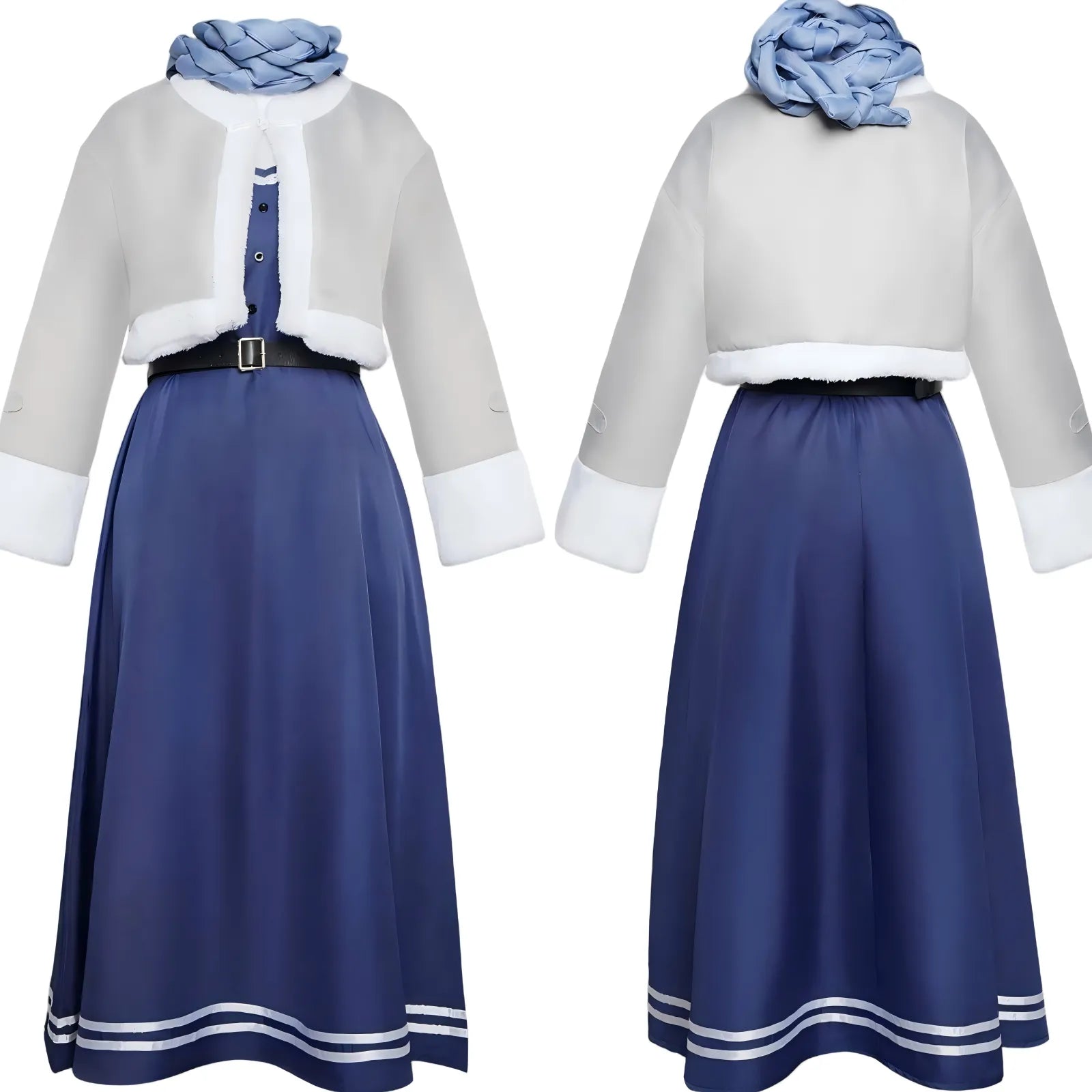 front and back shot fern frieren cosplay blue dress gray fleece trim jacket complete winter costume
