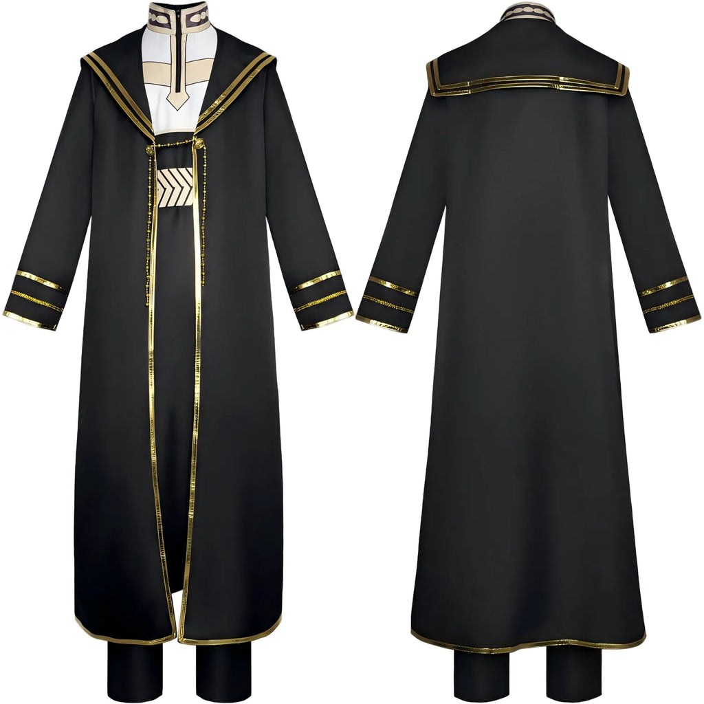 front and back shot heiter frieren cosplay long black robe gold piping full outfit
