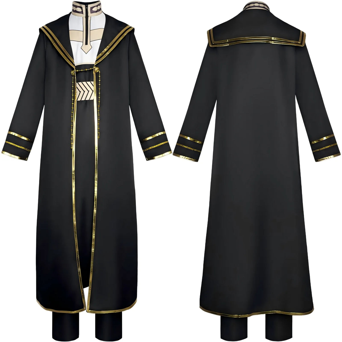 front and back shot heiter frieren cosplay long black robe gold piping full outfit