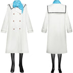 front and back two sides frieren white long coat matched blue tassel scarf black stockings