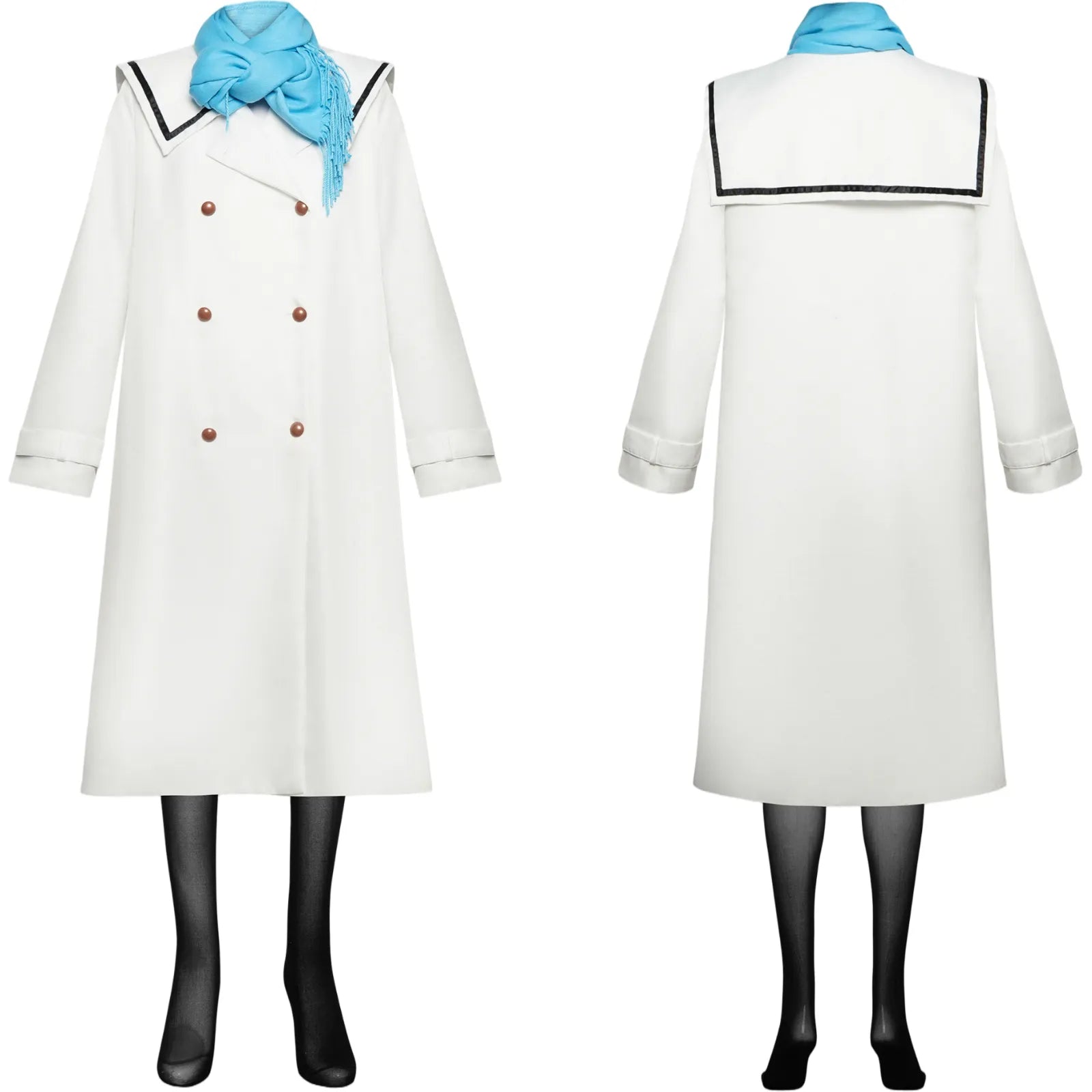 front and back two sides frieren white long coat matched blue tassel scarf black stockings