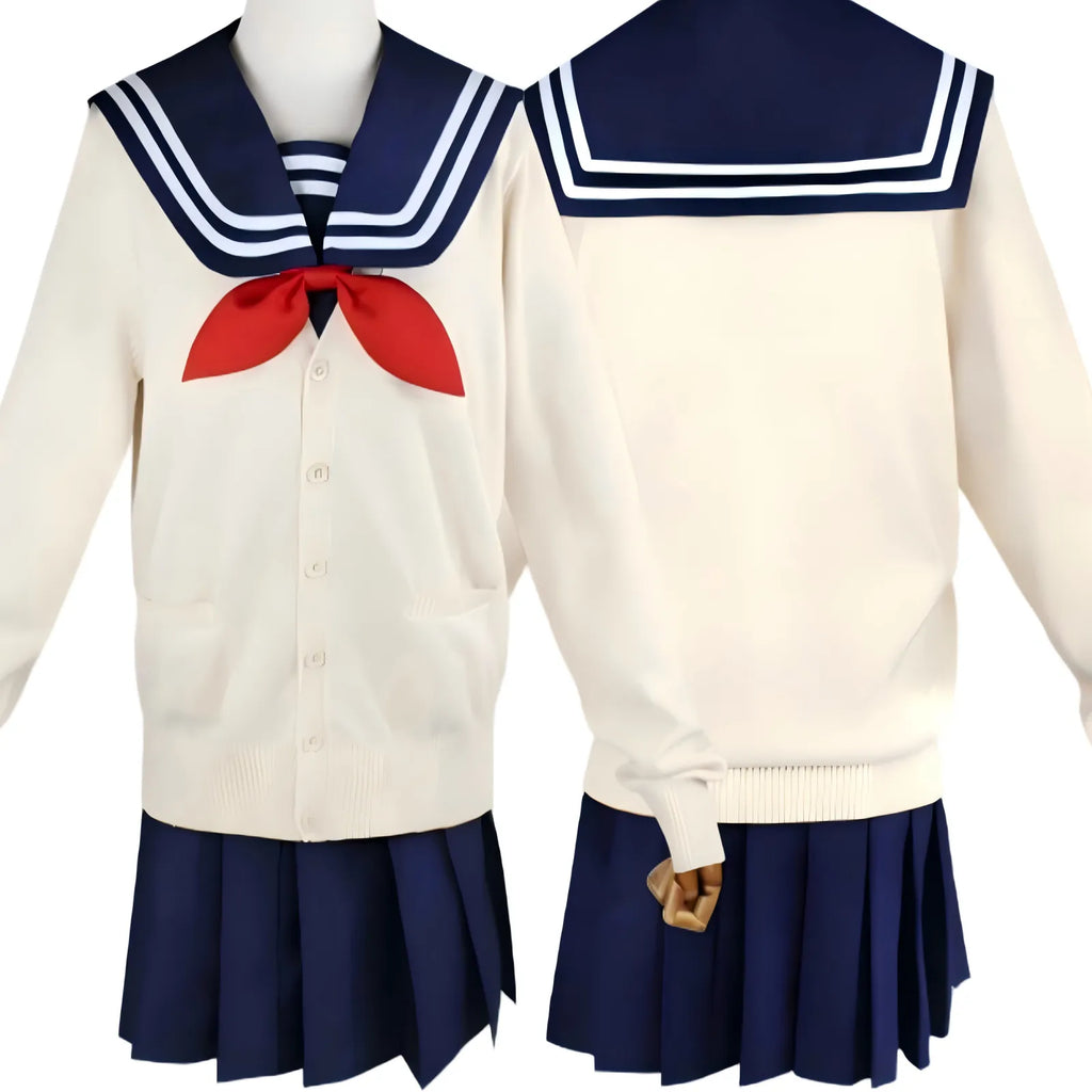 front back dual view himiko toga cos navy sailor skirt cream long sleeve cardigan