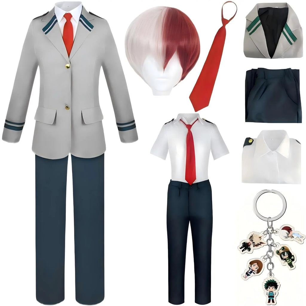 complete shoto todoroki mha cos outfit long blazer shirt pants red tie half red white wig anime keychain