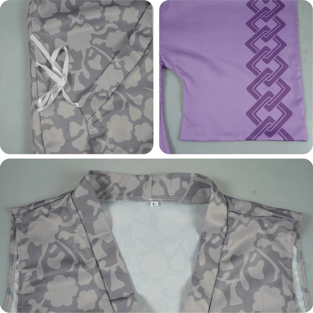 close‑up of floral and chain print on genya costume