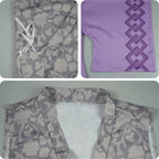 close‑up of floral and chain print on genya costume