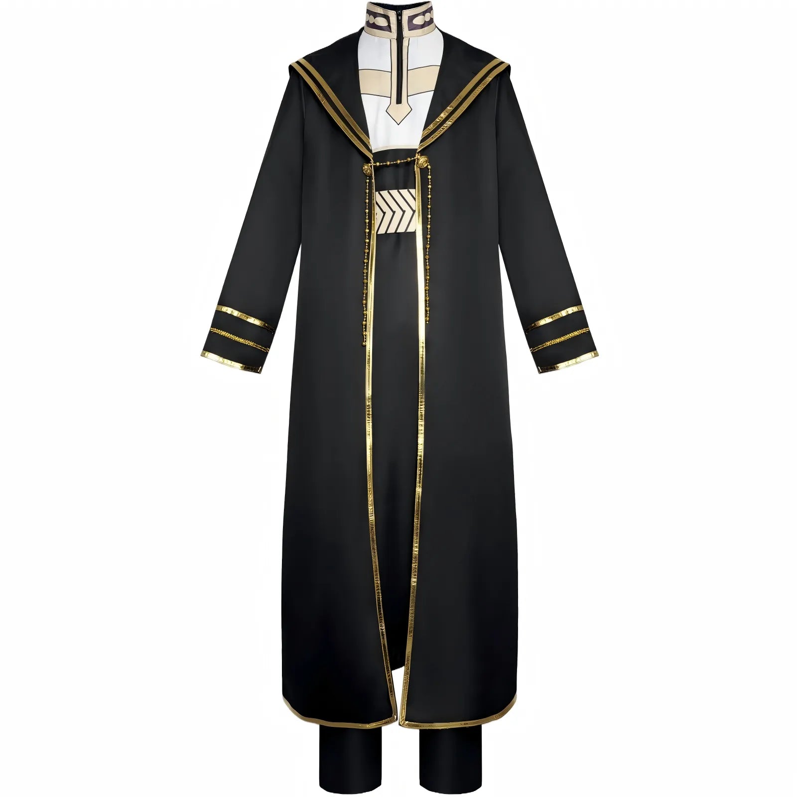 full front heiter frieren cosplay black long priest robe gold trim inner shirt matching trousers