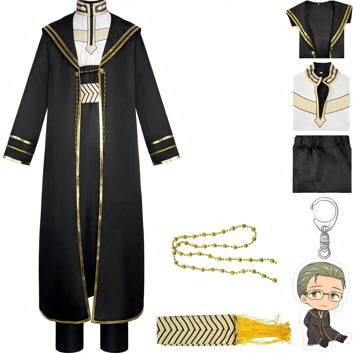 heiter frieren beyond journey's end cosplay full set black long robe inner top pants chain belt keychain