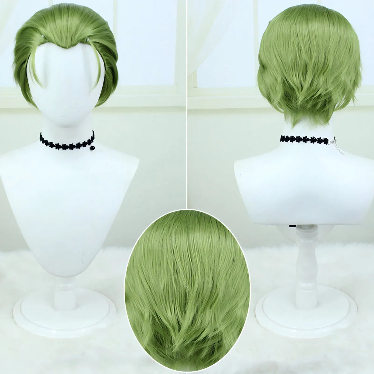 short green styled wig for heiter frieren cosplay anime character hairstyle front back view