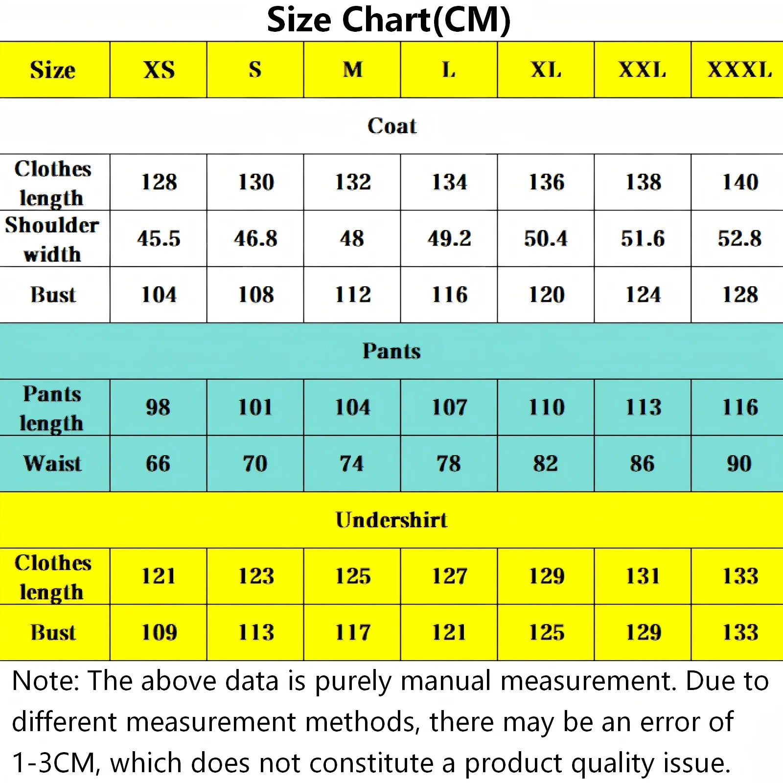 heiter frieren cosplay size chart cm measurements coat pants undershirt bust waist length xs to xxxl