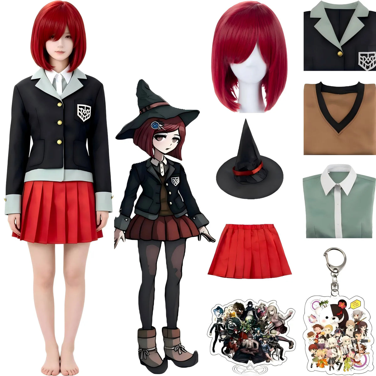 himiko yumeno cosplay suit and red wig display