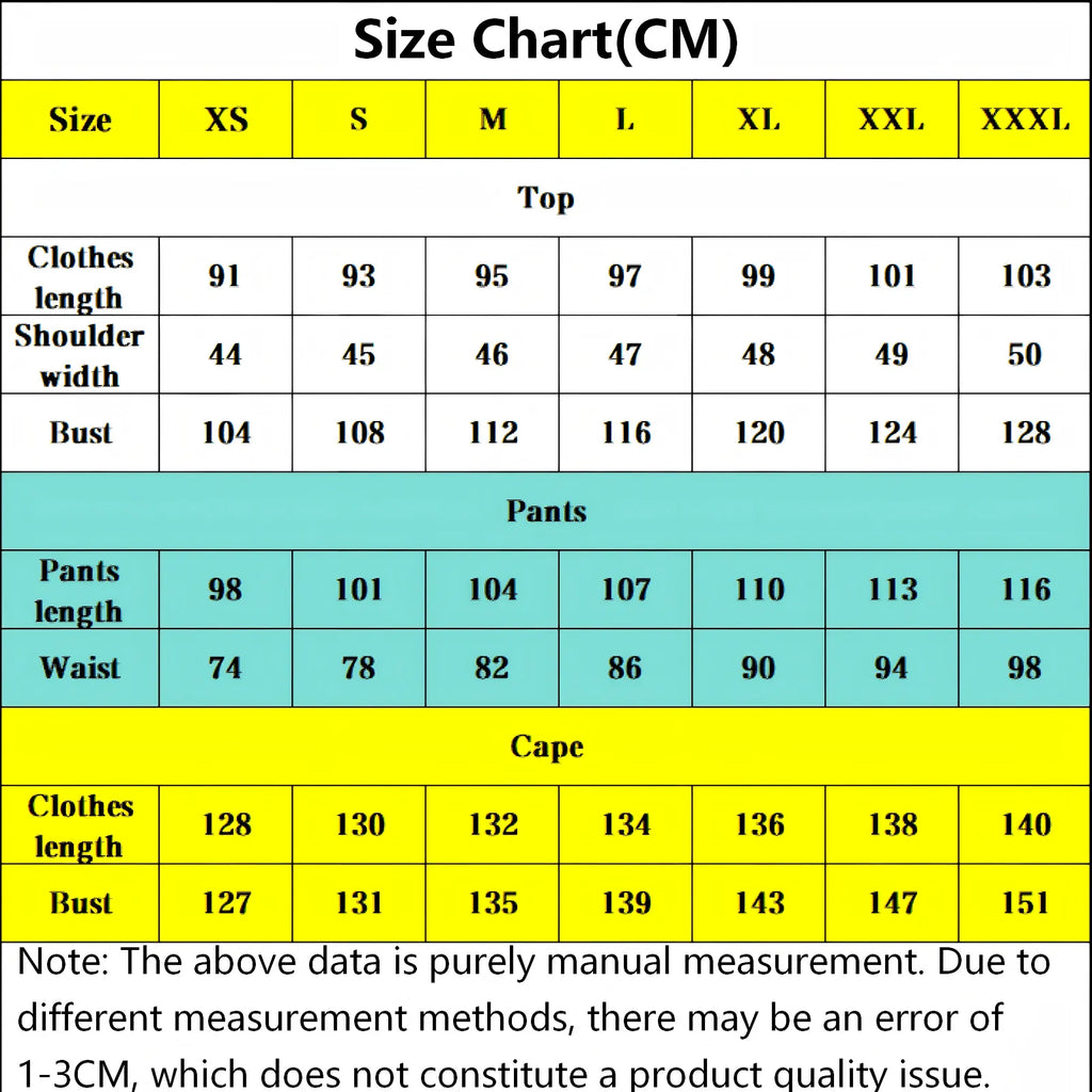 himmel frieren cosplay size chart cm measurement top pants cape bust waist length xs to xxxl
