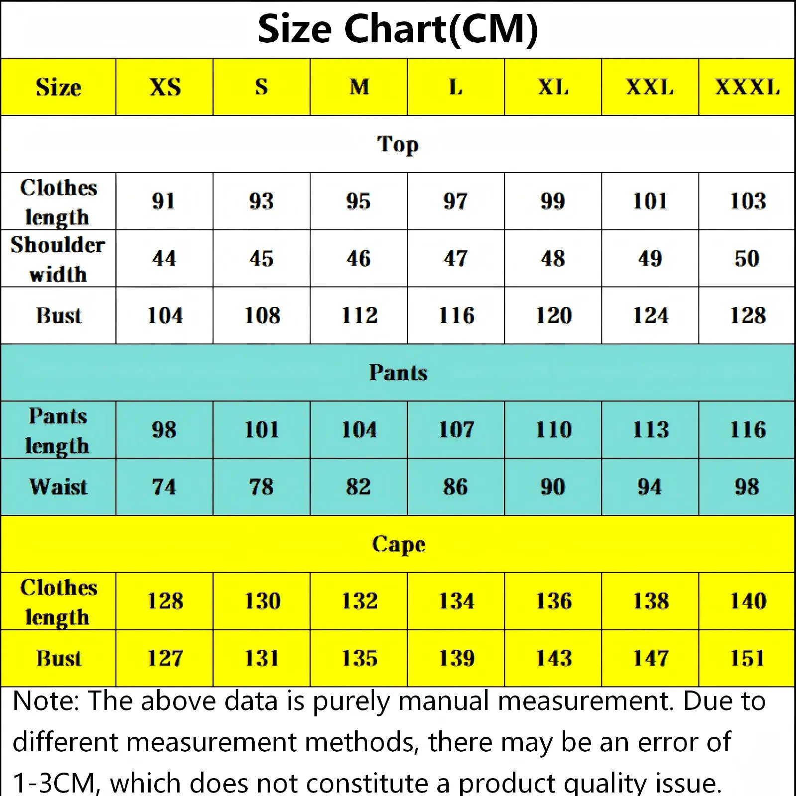 himmel frieren cosplay size chart cm measurement top pants cape bust waist length xs to xxxl