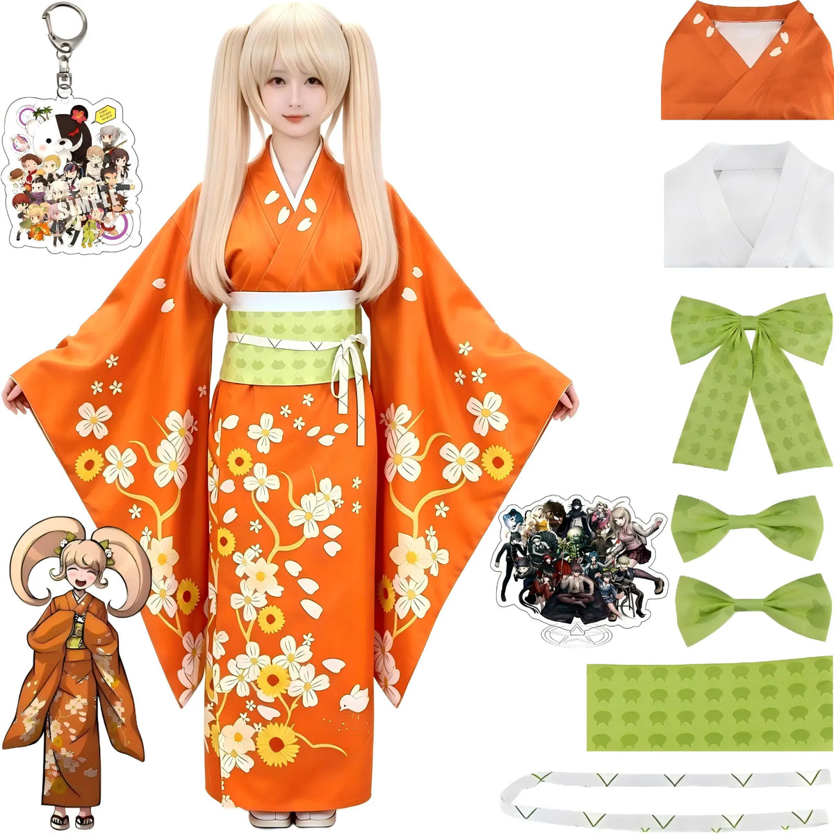 hiyoko saionji cosplay outfit orange kimono with wig and accessories