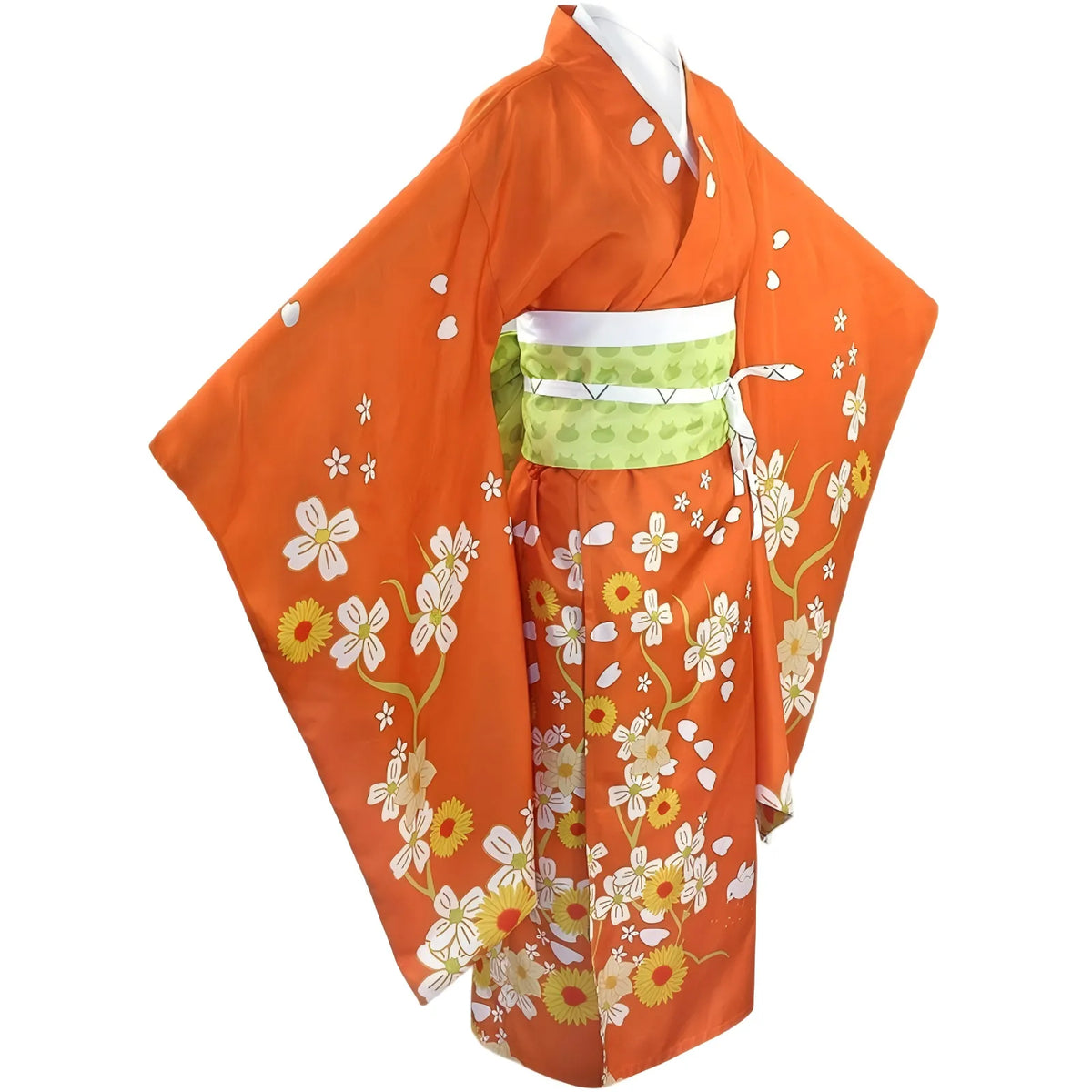 side view of hiyoko saionji orange floral kimono cosplay