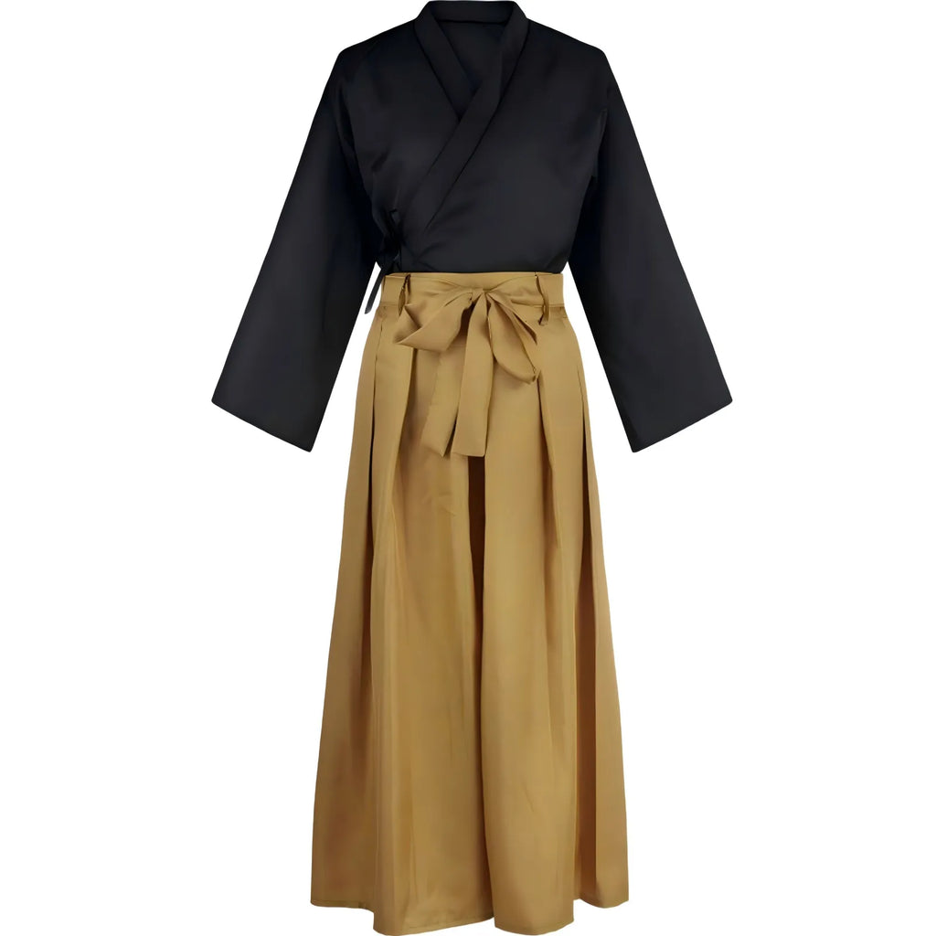 front view of hotaru haganetsuka cosplay black inner top and brown hakama