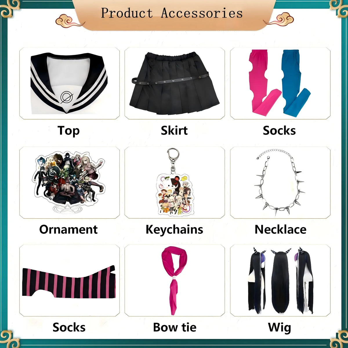 ibuki mioda cosplay full accessories set, socks necklace keychain