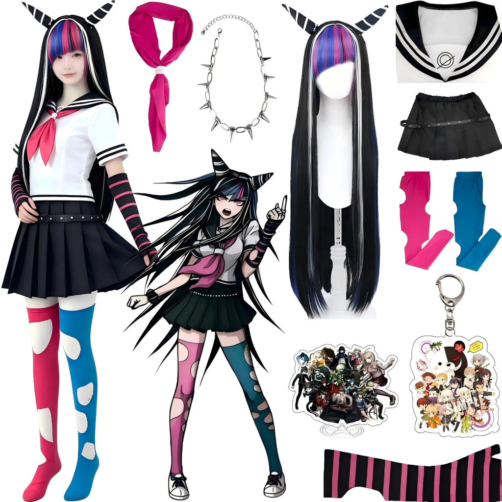 ibuki mioda cos suit, long wig with horns and accessories