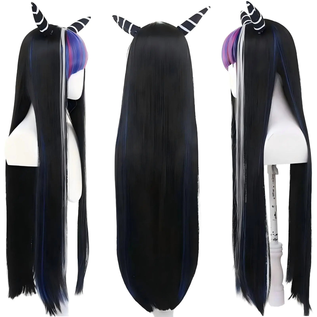 ibuki mioda long cos wig with black white pink blue hair horns