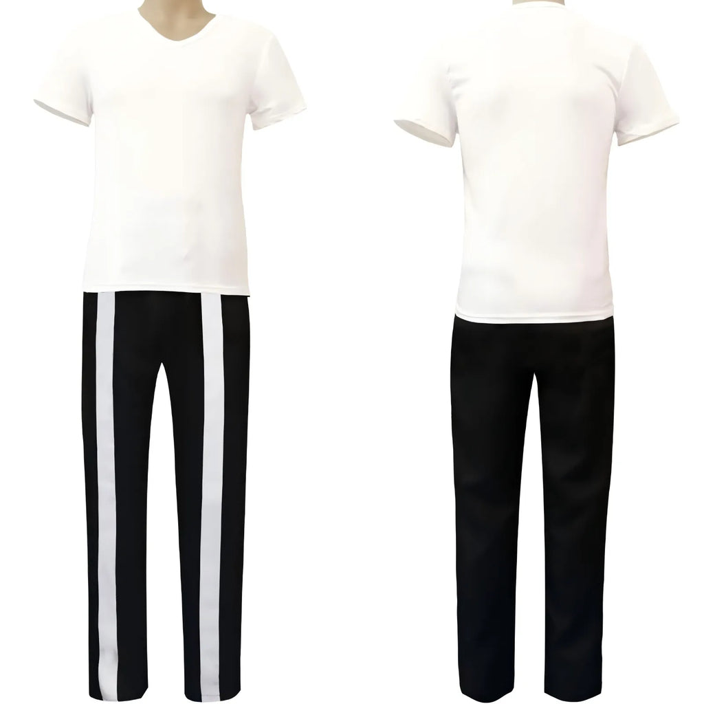 white v neck t shirt black striped trousers matching denki kaminari mha cosplay costume