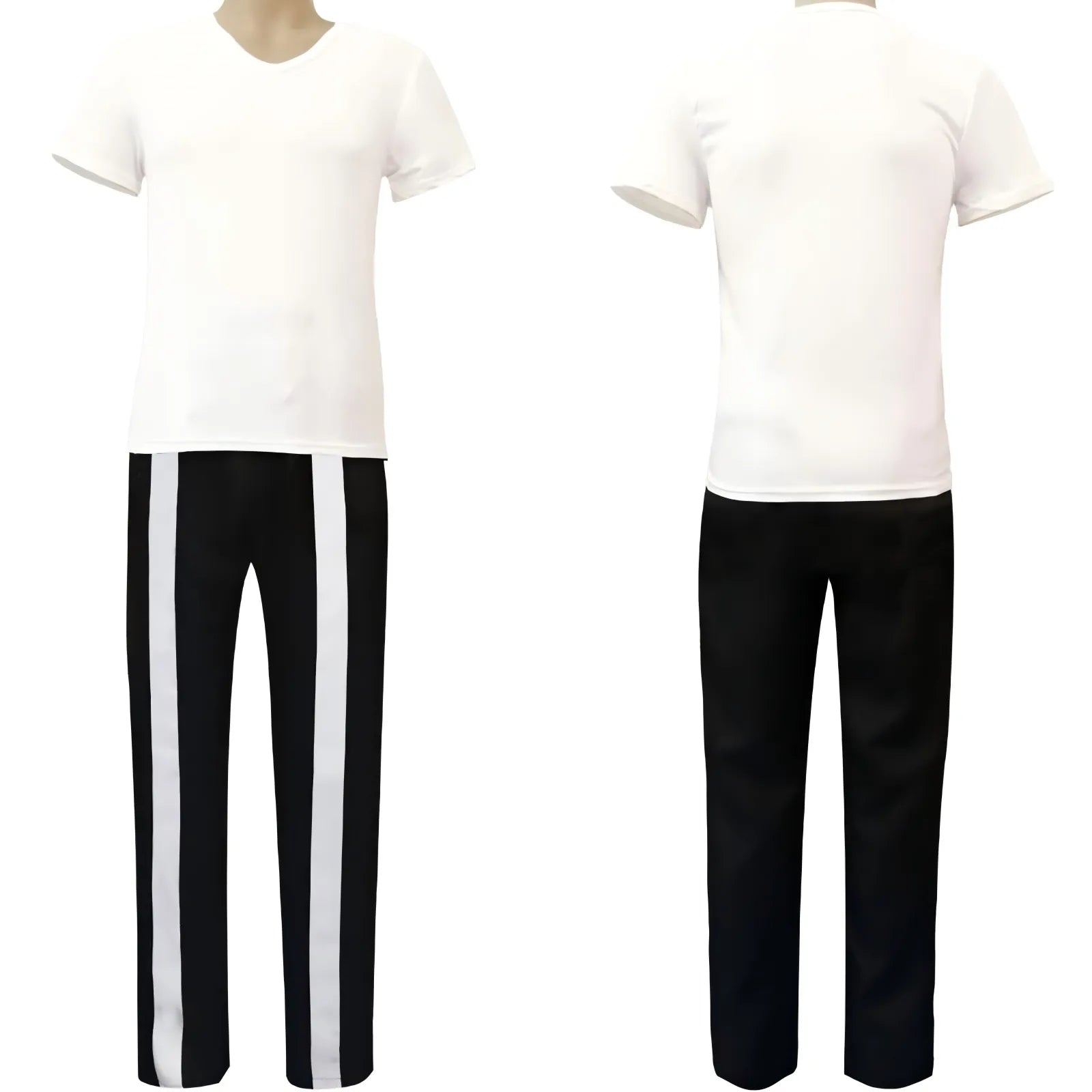 white v neck t shirt black striped trousers matching denki kaminari mha cosplay costume