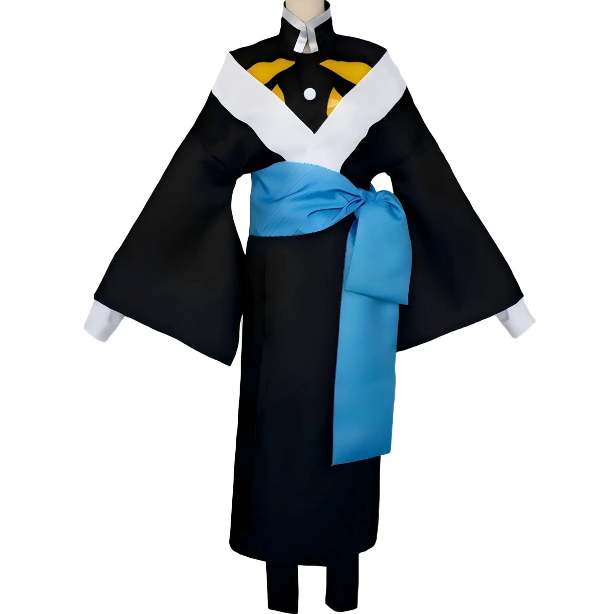 kaigaku outer kimono with white trim and blue obi