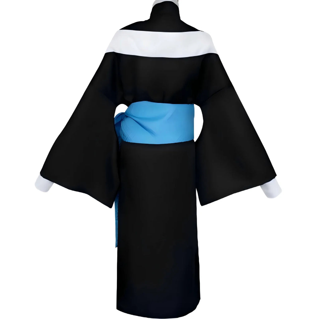 back side of kaigaku black kimono costume with blue obi