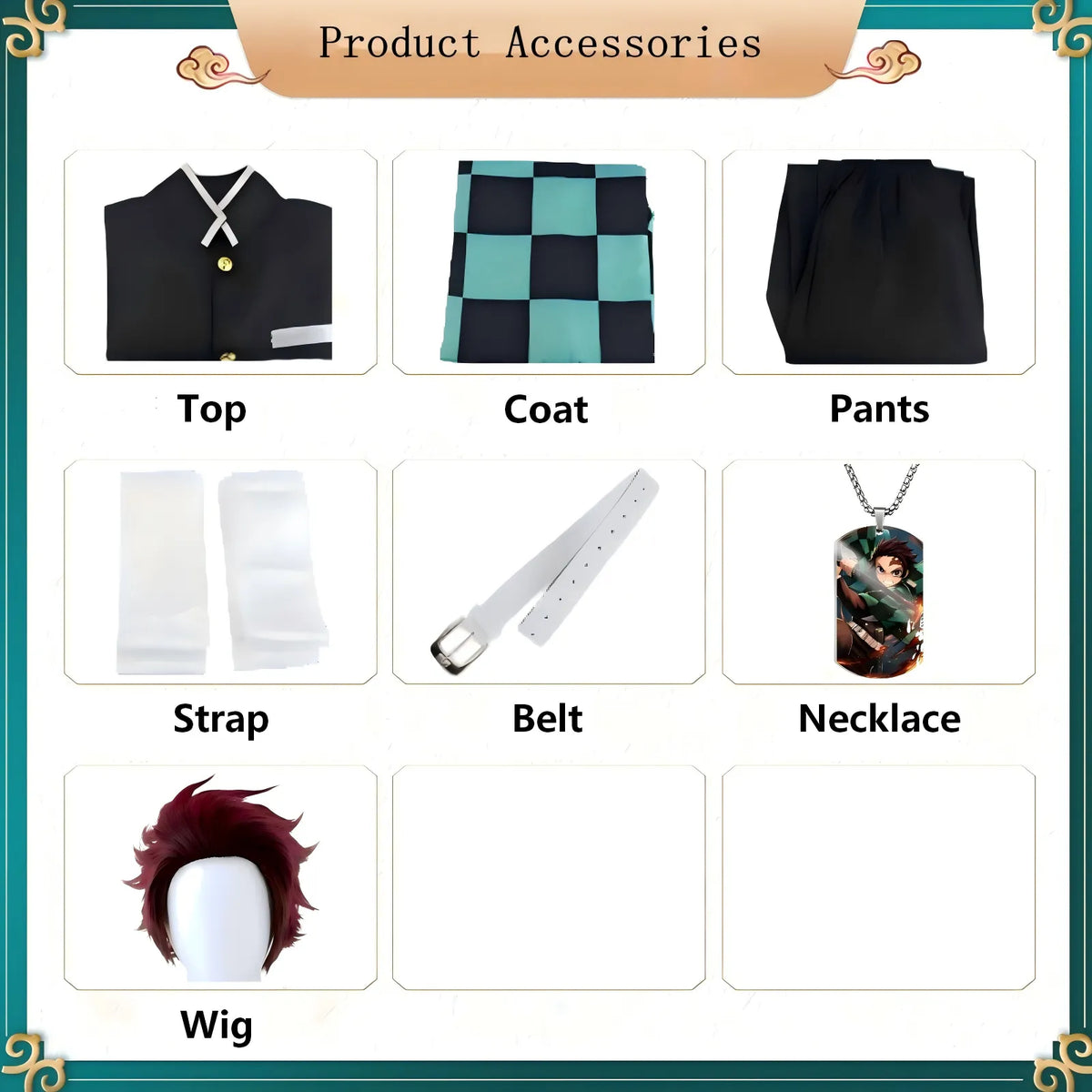 product accessories chart for tanjiro cosplay, top coat pants belt wig necklace parts