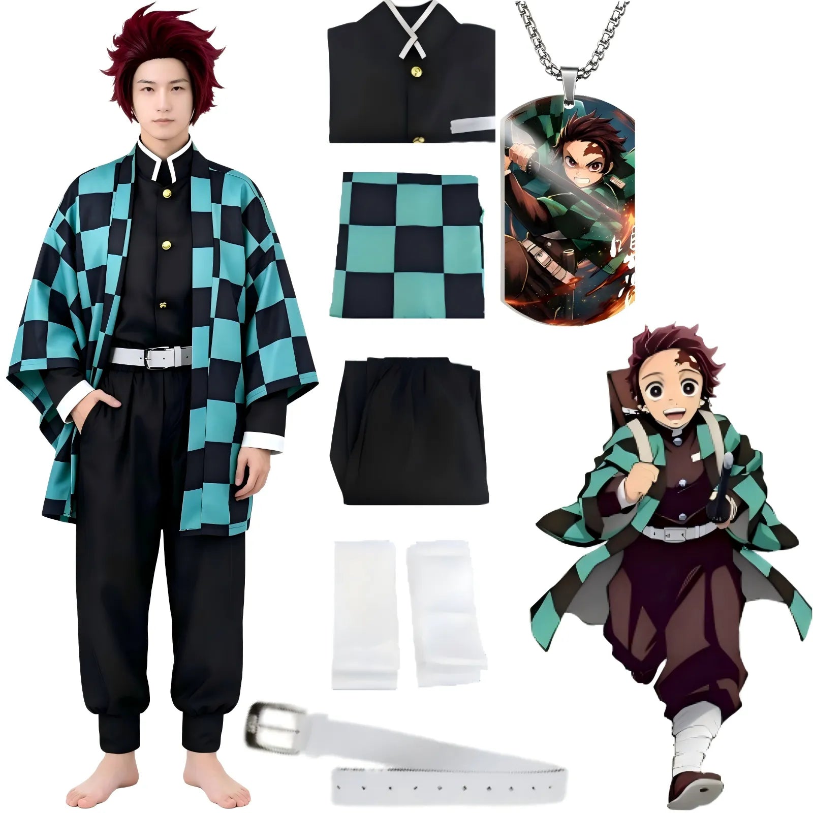 full set tanjiro cosplay costume with wig necklace and accessories, white background