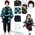 tanjiro cosplay outfit display with burgundy wig and full accessories pack, plain white background