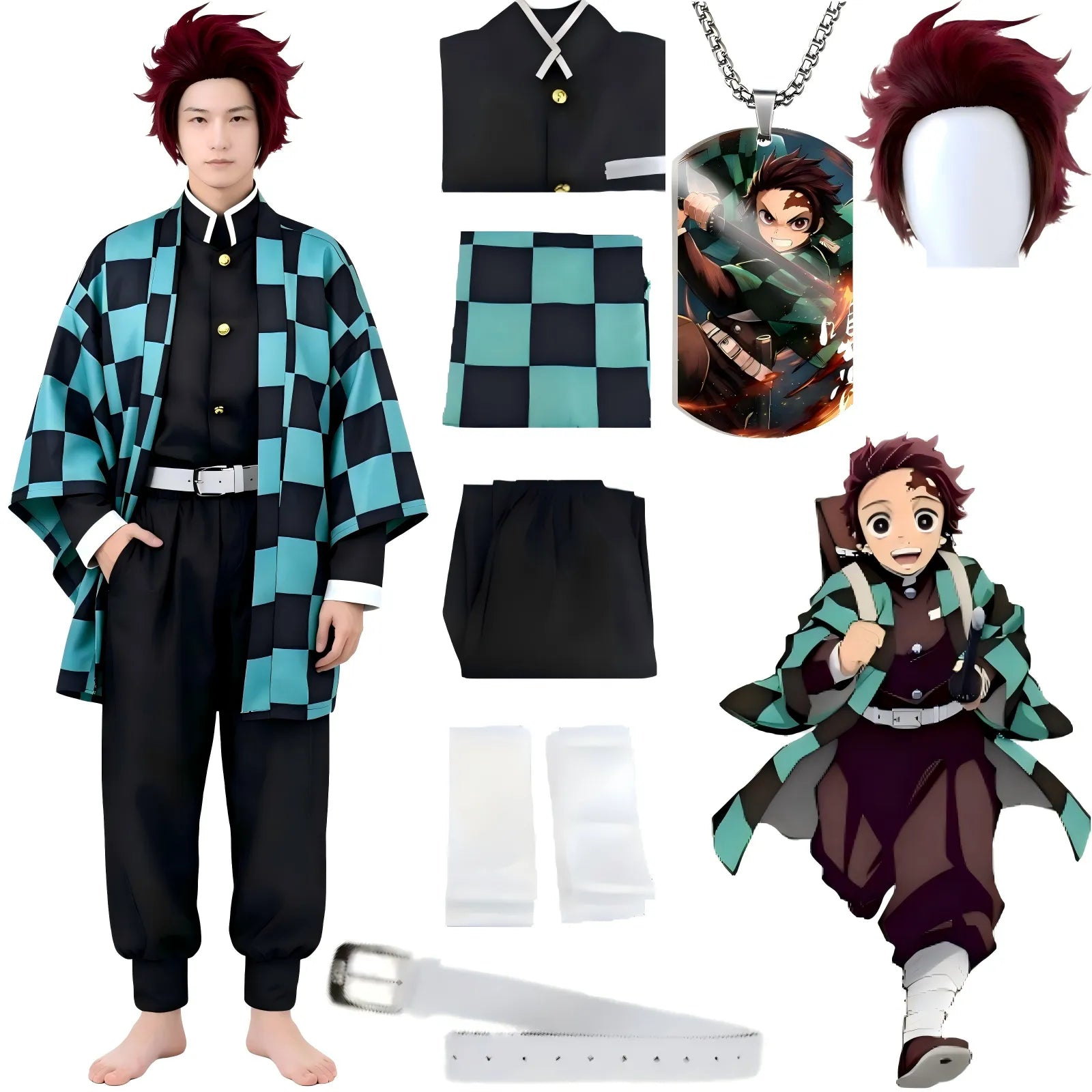 tanjiro cosplay outfit display with burgundy wig and full accessories pack, plain white background