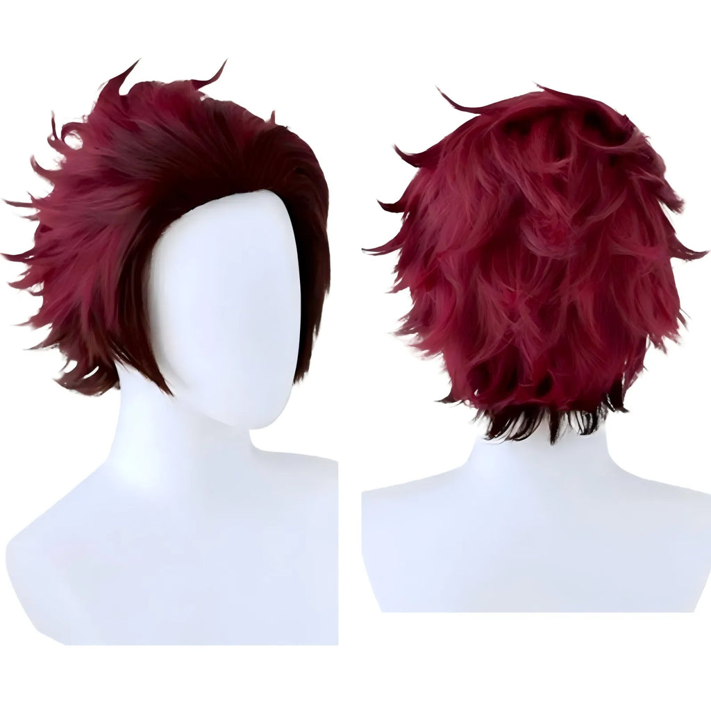 front and back view burgundy spiky short tanjiro cosplay wig, mannequin head display