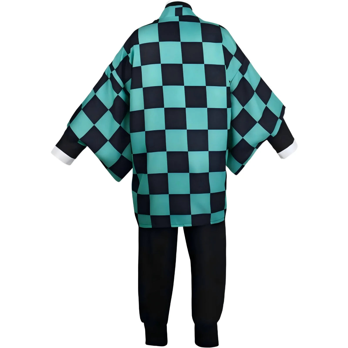 back view of tanjiro cosplay haori, teal black checkered pattern, product shot