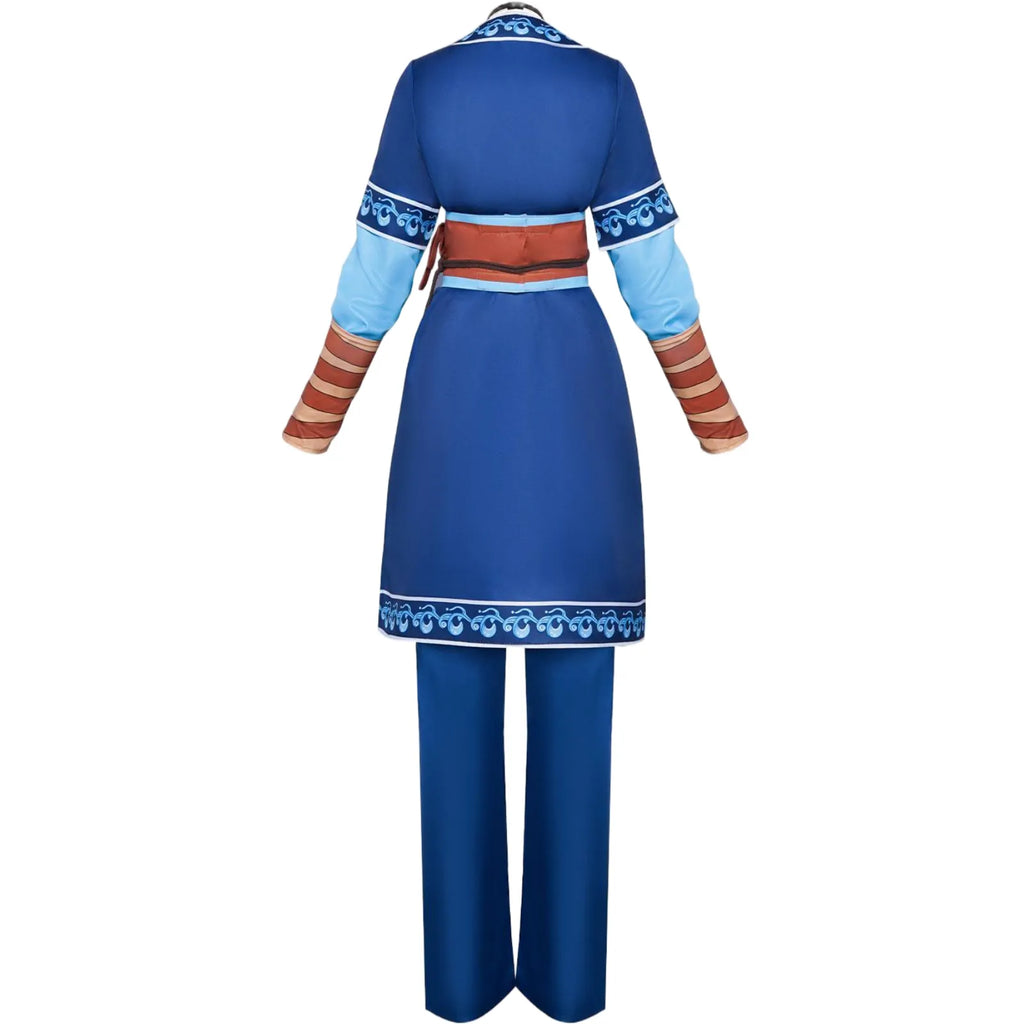 back side view of katara water tribe cosplay costume dark blue embroidered outfit