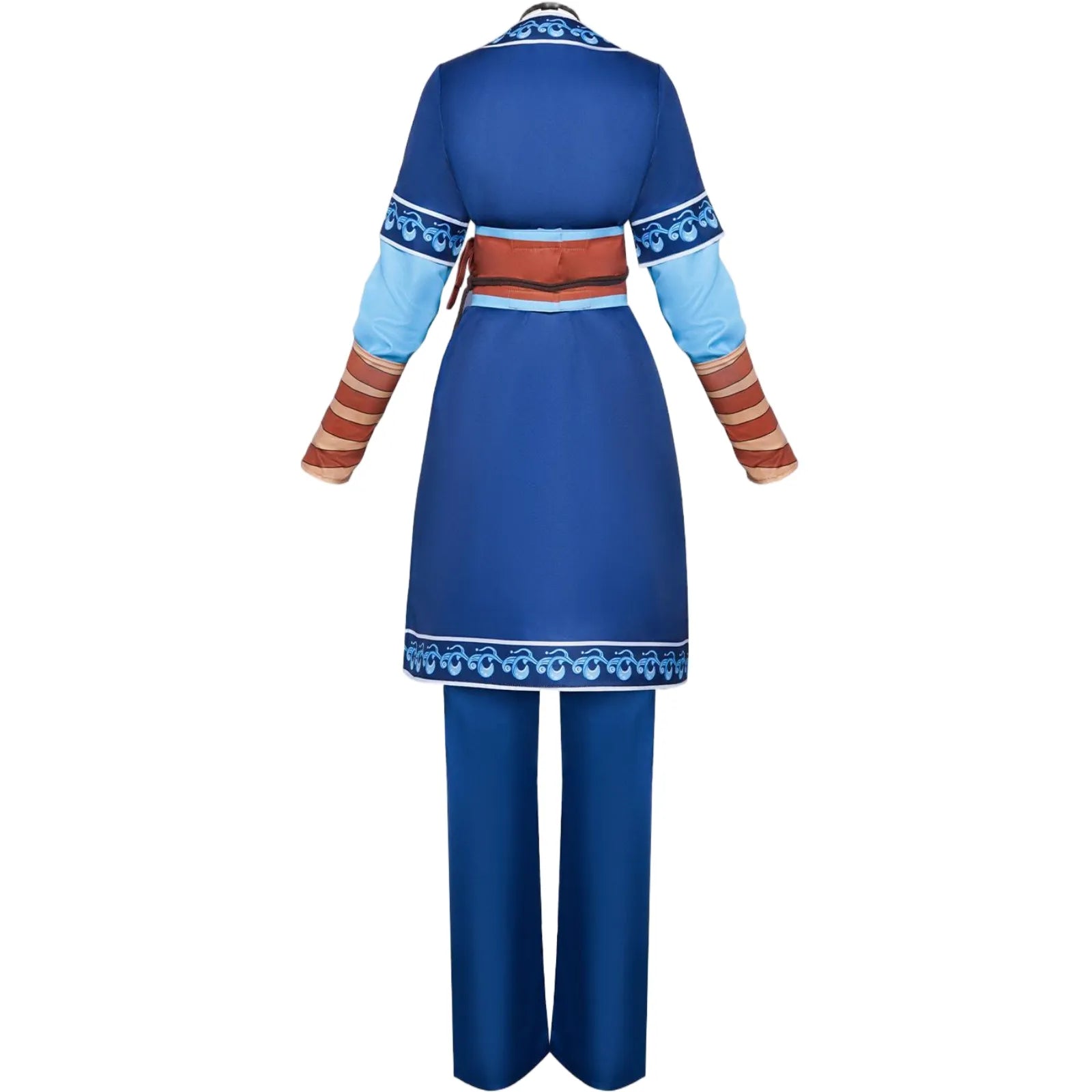 back side view of katara water tribe cosplay costume dark blue embroidered outfit