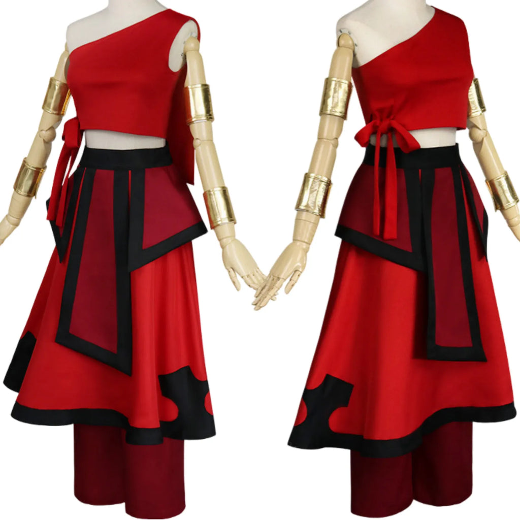 front and back comparison of avatar katara fire nation cosplay costume